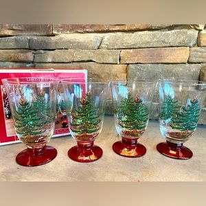 4 SPODE NEW Red Stem CHRISTMAS TREE Glass Cups 6"